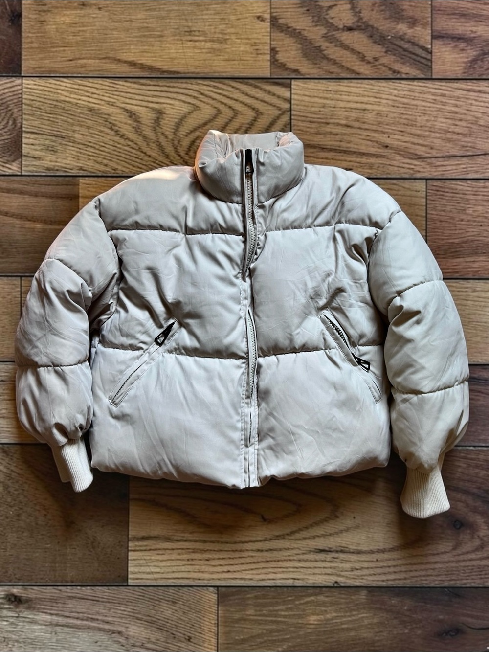 SHEIN Women’s Ivory Puffer Jacket Size L High Collar Zip Pockets